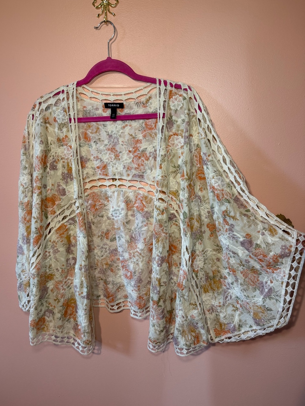 Torrid Cream Floral Crochet-Trim Open Cardigan